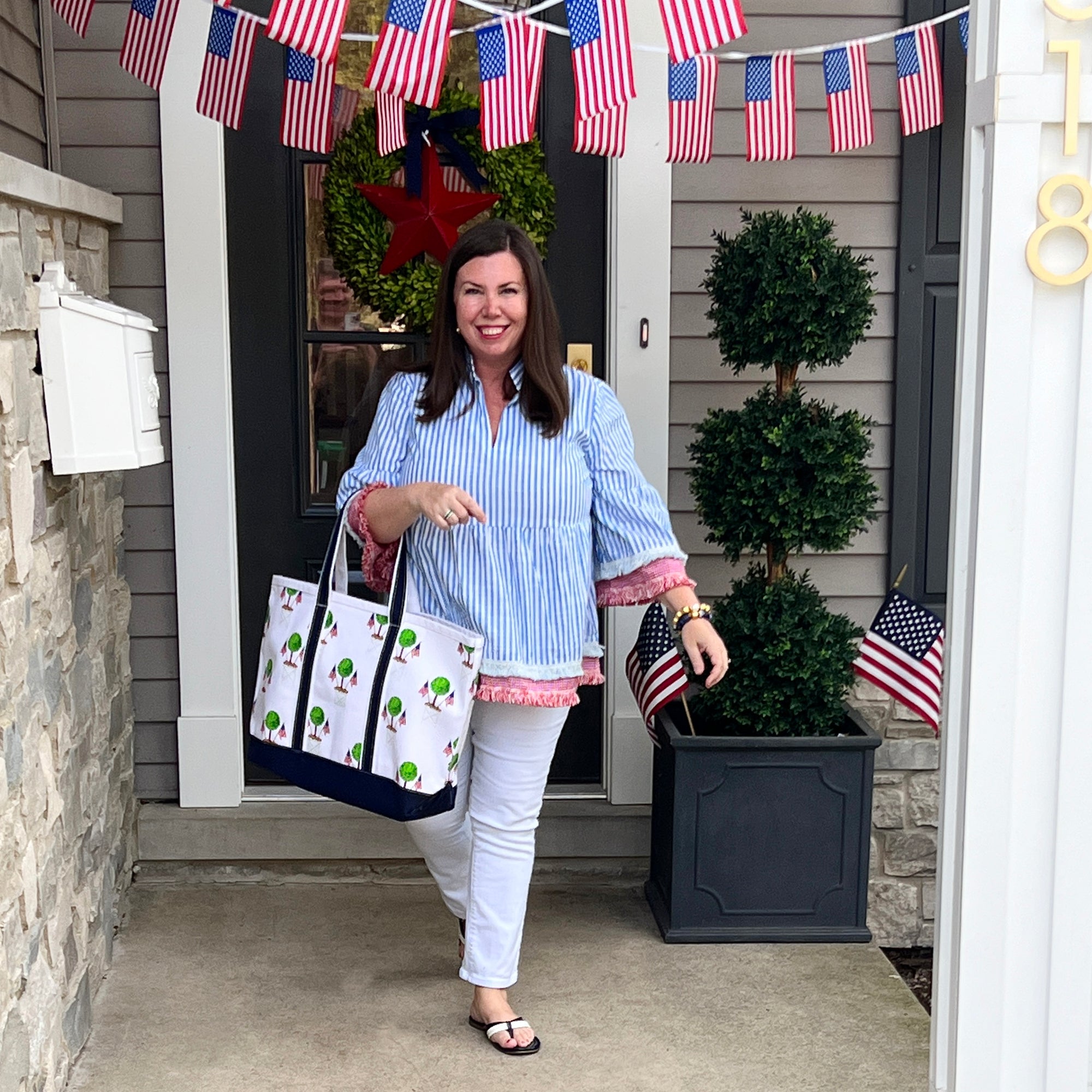 Crab & Cleek x WH Hostess Canvas Tote Bag | Patriotic Topiary