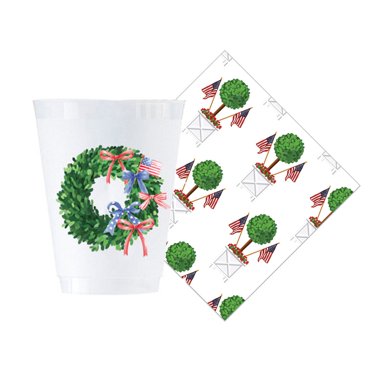 Bundle: Patriotic Wreath Shatterproof Cups + Patriotic Topiary Cocktail Napkins