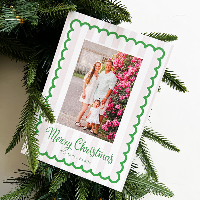 Pink Cabana Stripes + Scallop Christmas Photo Card