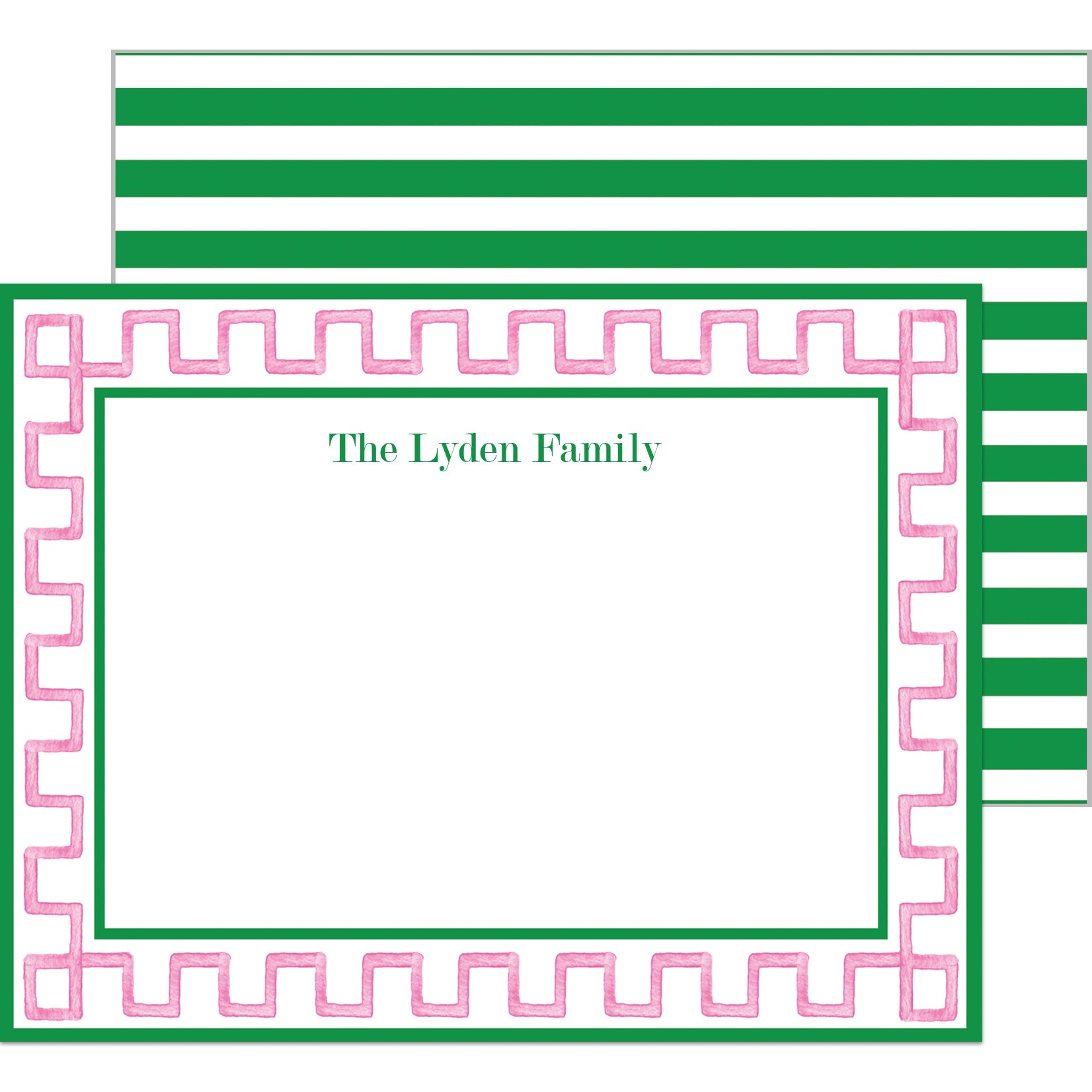 Watercolor Greek Key Personalized Flat Notecards | Pink + Green