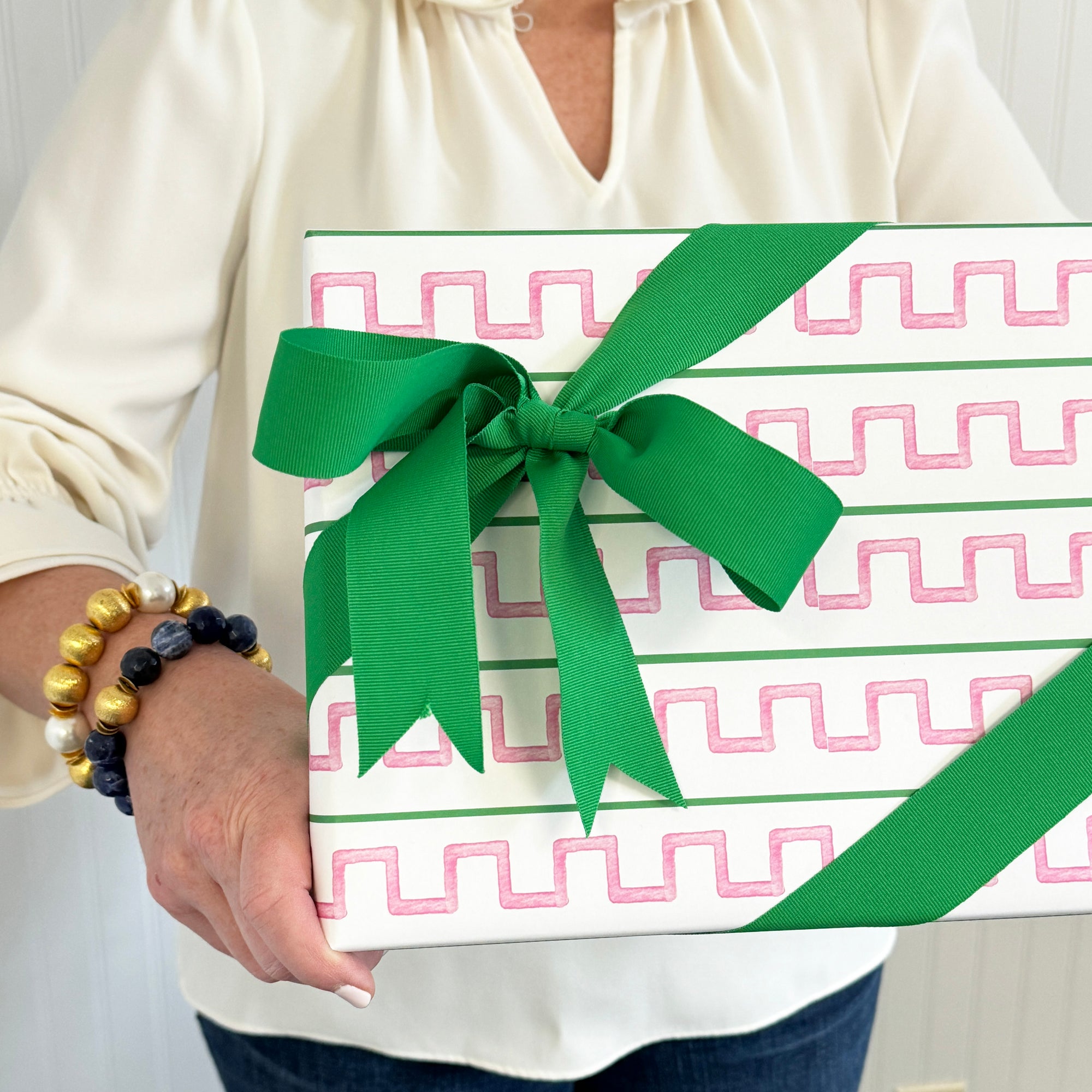 Watercolor Greek Key Stripe Gift Wrap Sheets | Pink + Green