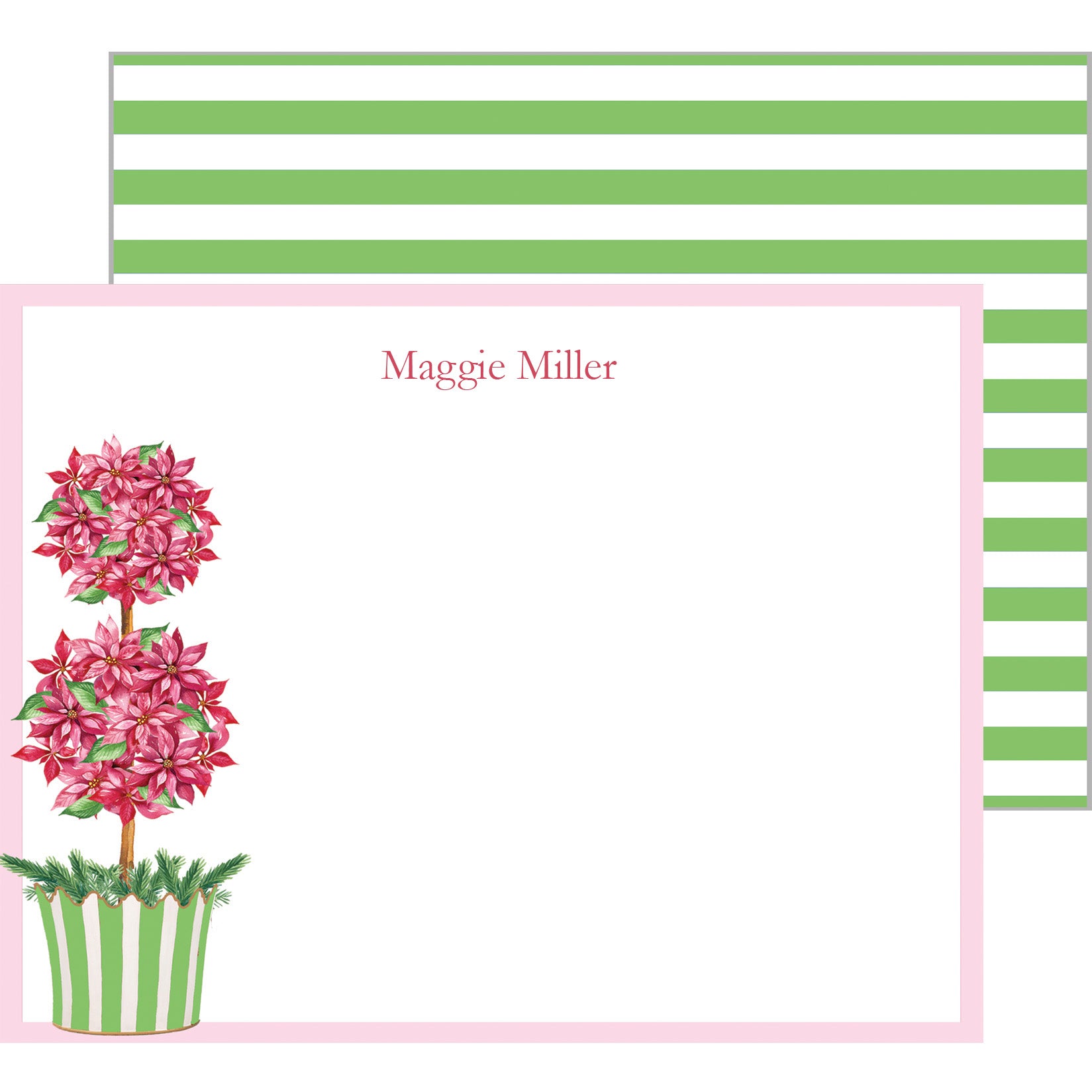 Pink Poinsettia Topiary Tree Personalized Flat Notecards
