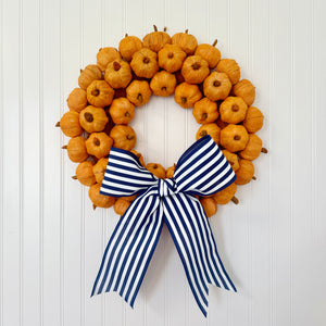 Orange Faux Pumpkin Wreath with Navy Striped Bow