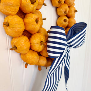 Orange Faux Pumpkin Wreath with Navy Striped Bow