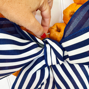 Orange Faux Pumpkin Wreath with Navy Striped Bow