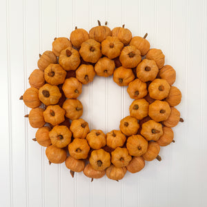 Orange Faux Pumpkin Wreath with Navy Striped Bow