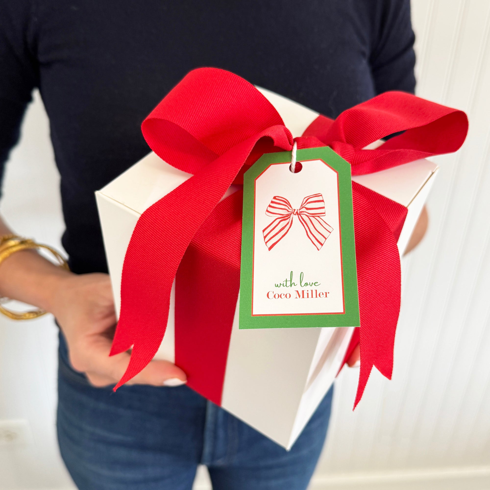 Red Striped Bow Christmas Personalized Gift Tags