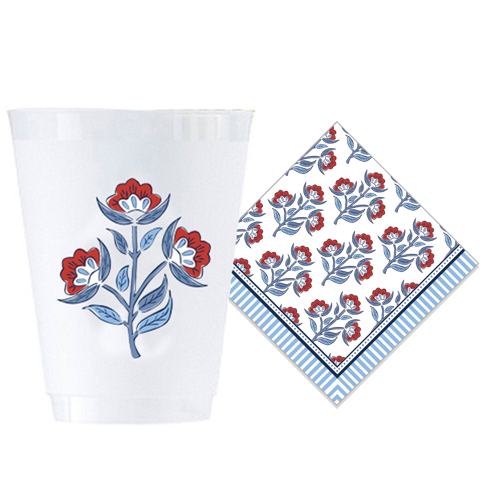 Bundle: Red Floral Block Print Shatterproof Cups + Cocktail Napkins