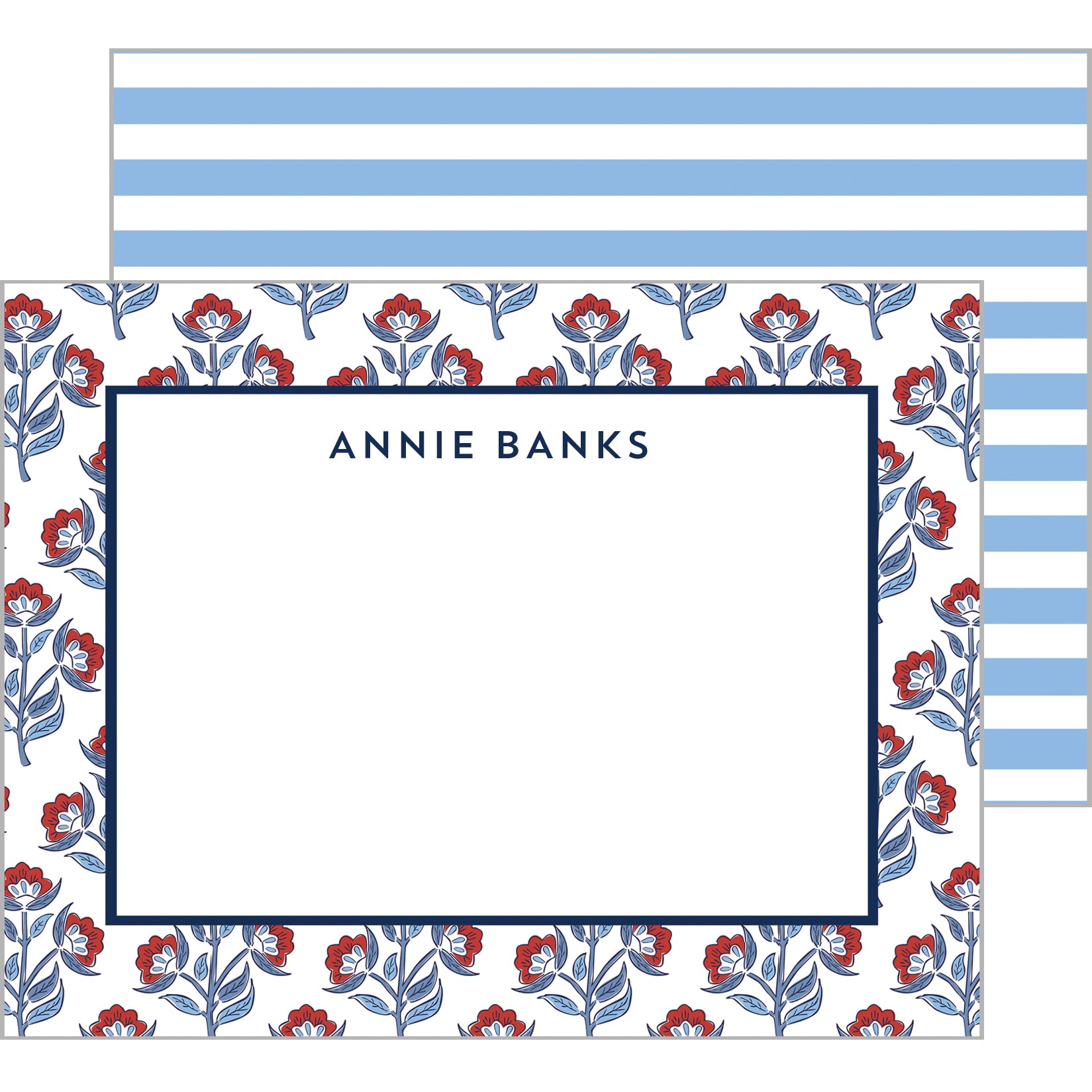 Red Floral Block Print Personalized Flat Notecards