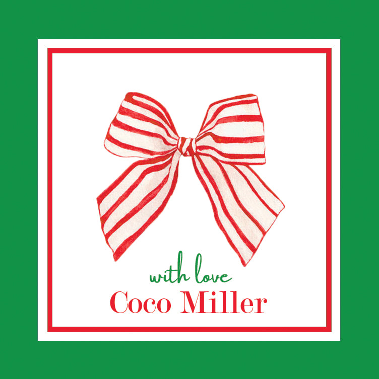 Red Striped Bow Christmas Personalized Gift Sticker | Set of 24