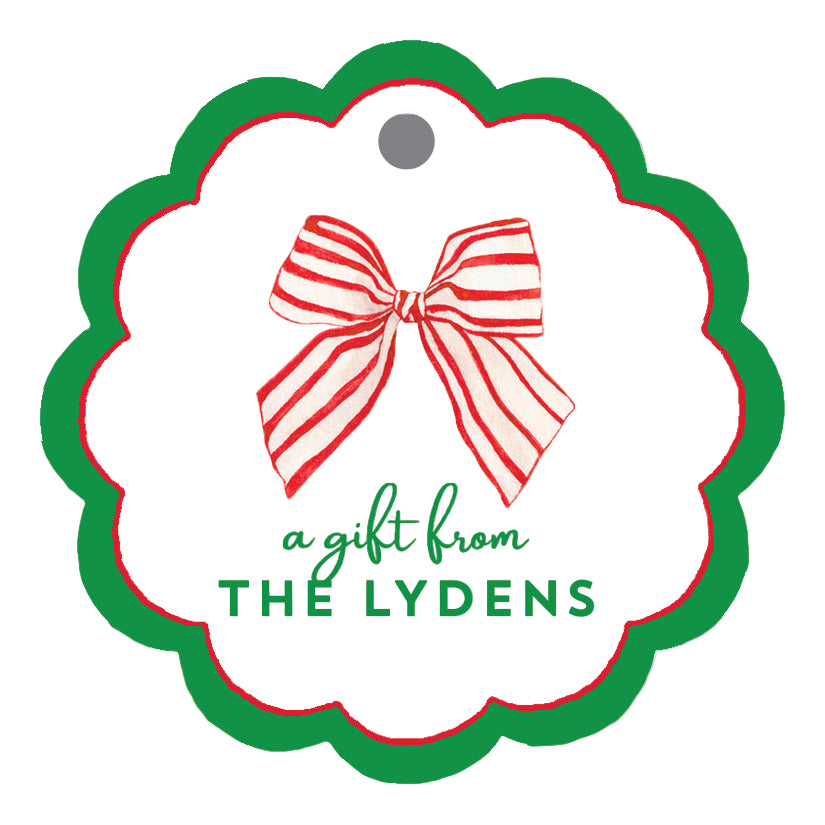 Red Striped Bow Scalloped Personalized Gift Tags