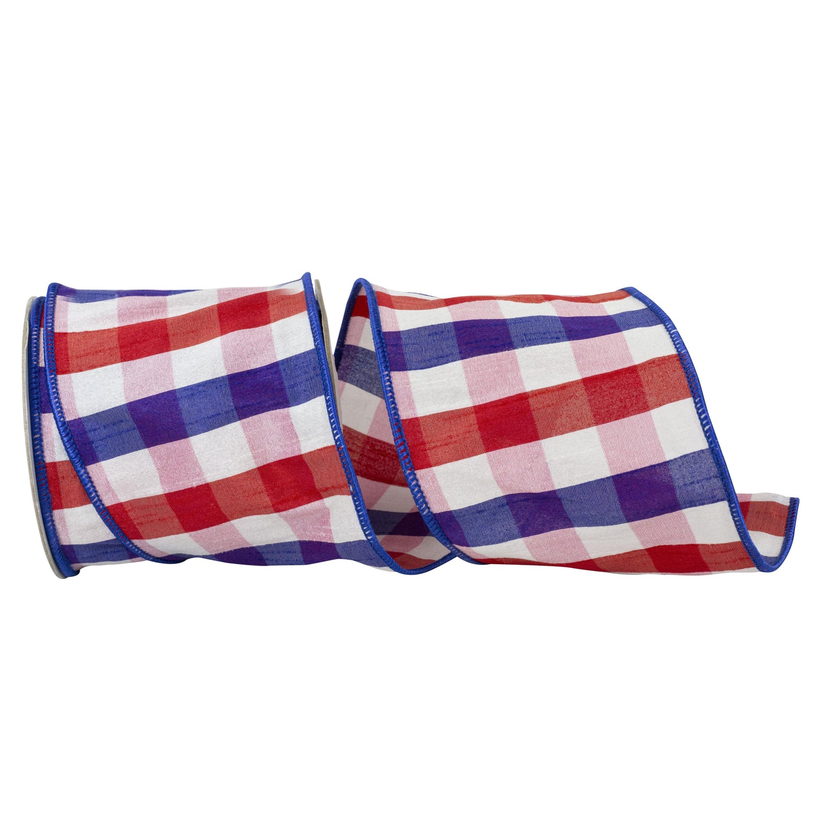 4" Red, White and Blue Silk Dupioni Gingham Check Wired Ribbon