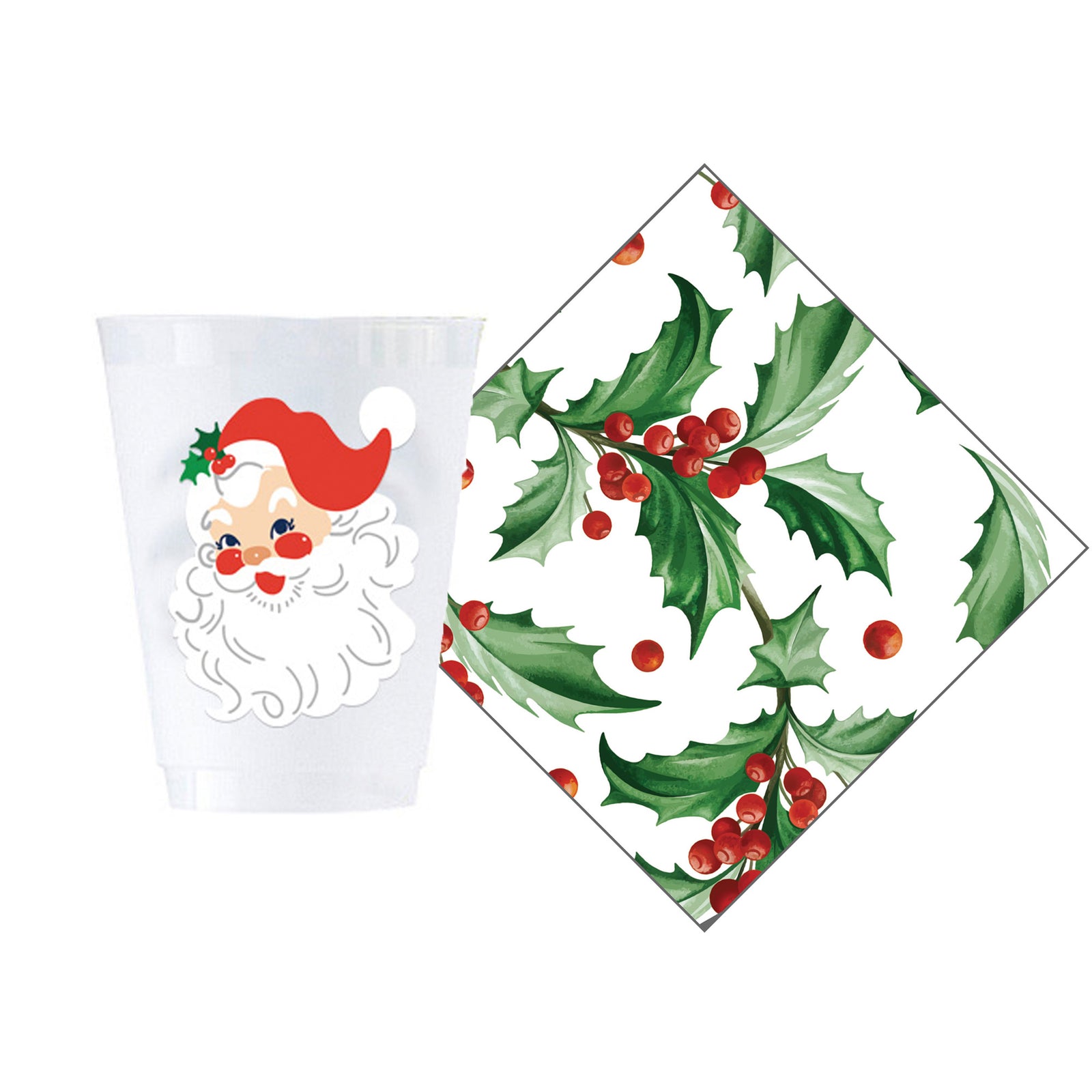 Bundle: Santa Shatterproof Cups + Christmas Holly Cocktail Napkins