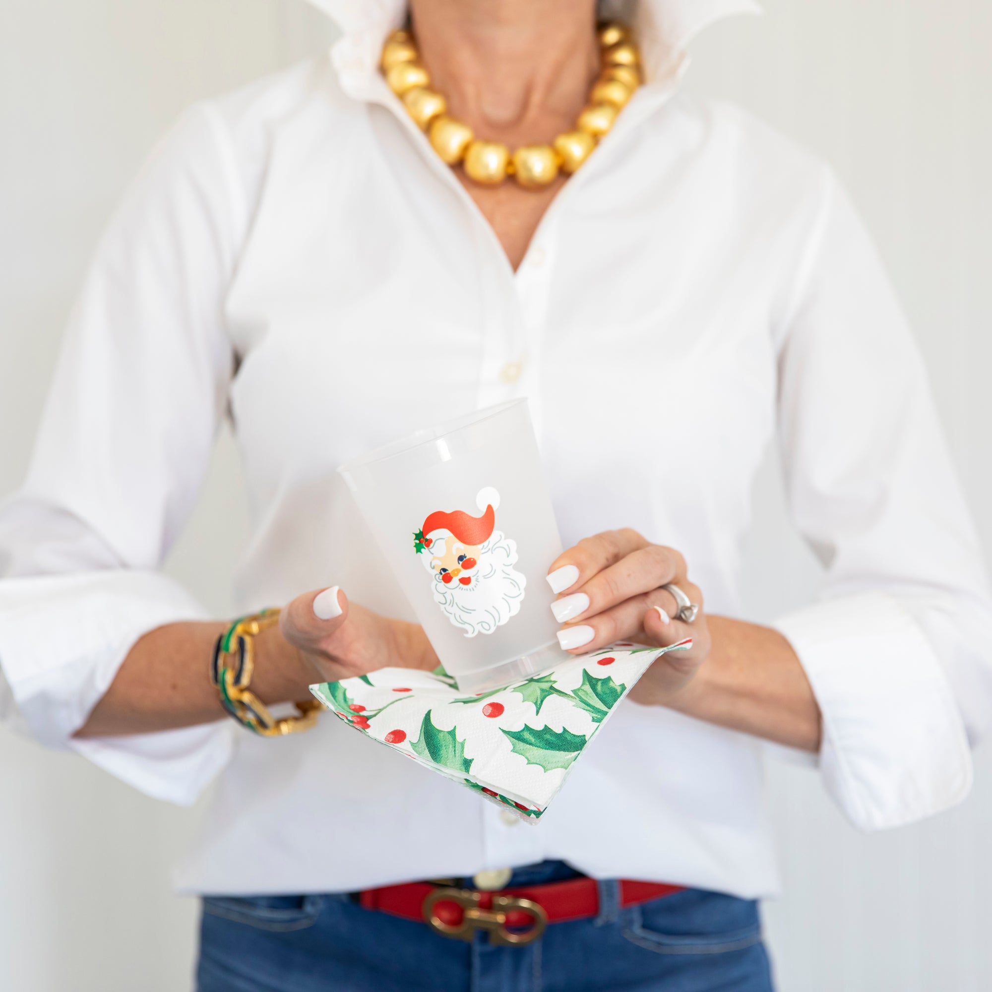 Bundle: Santa Shatterproof Cups + Green Bamboo Cocktail Napkins