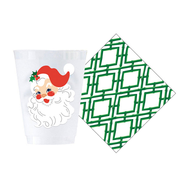 Santa Claus Shatterproof Cups + Green Bamboo Trellis Cocktail Napkins