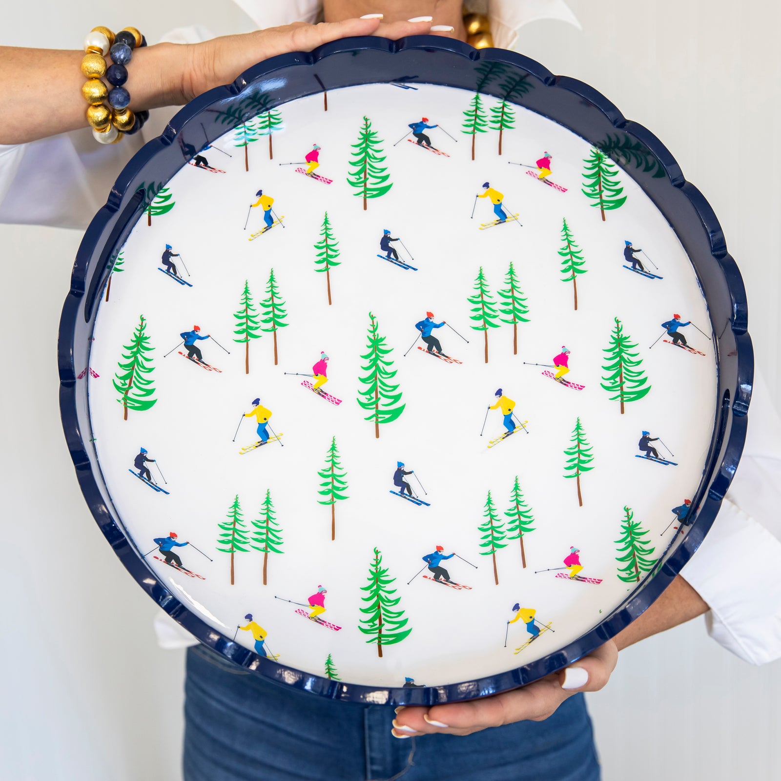 In Stock WH Lacquer Round Scalloped Tray | Navy Blue + Ski Resort