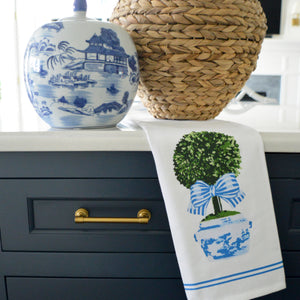 WH Hostess Cotton Tea Towel | Blue & White Striped Topiary
