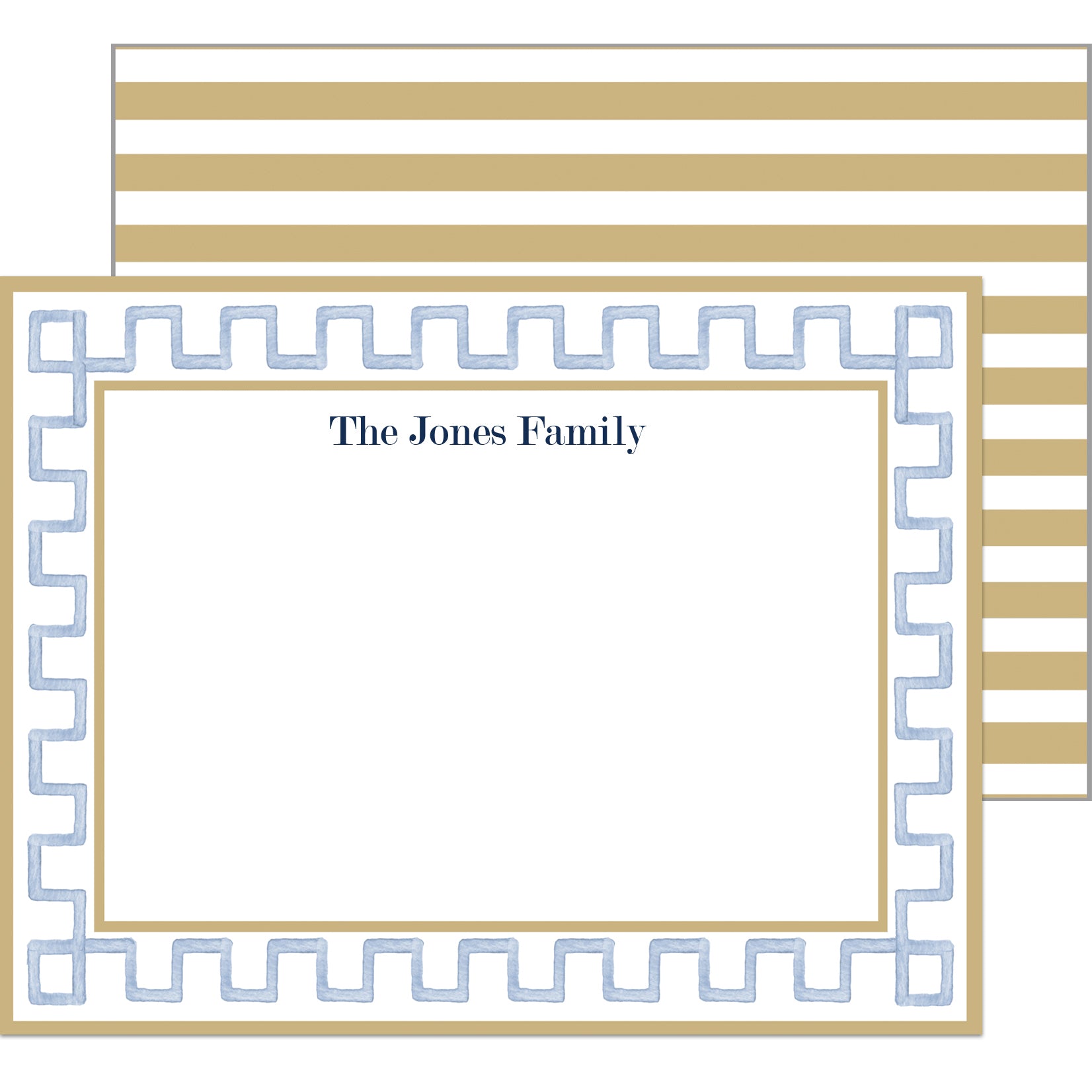 Watercolor Greek Key Personalized Flat Notecards | Tan + Blue