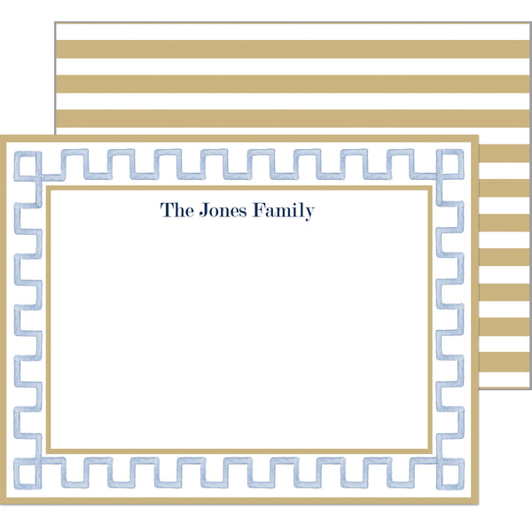 Watercolor Greek Key Personalized Flat Notecards  Tan + Blue 