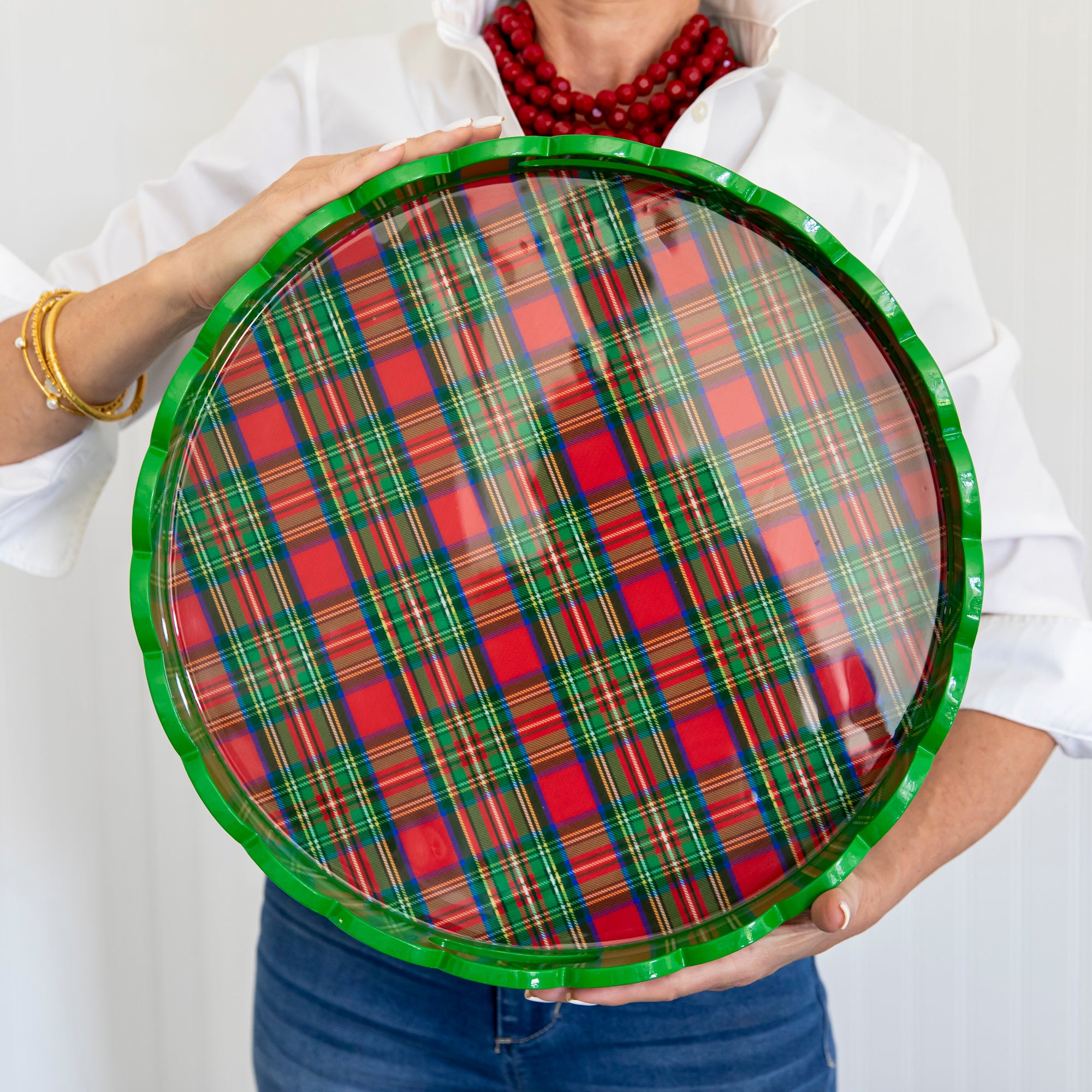 Tartan Plaid 16" Round Scalloped Lacquer Tray