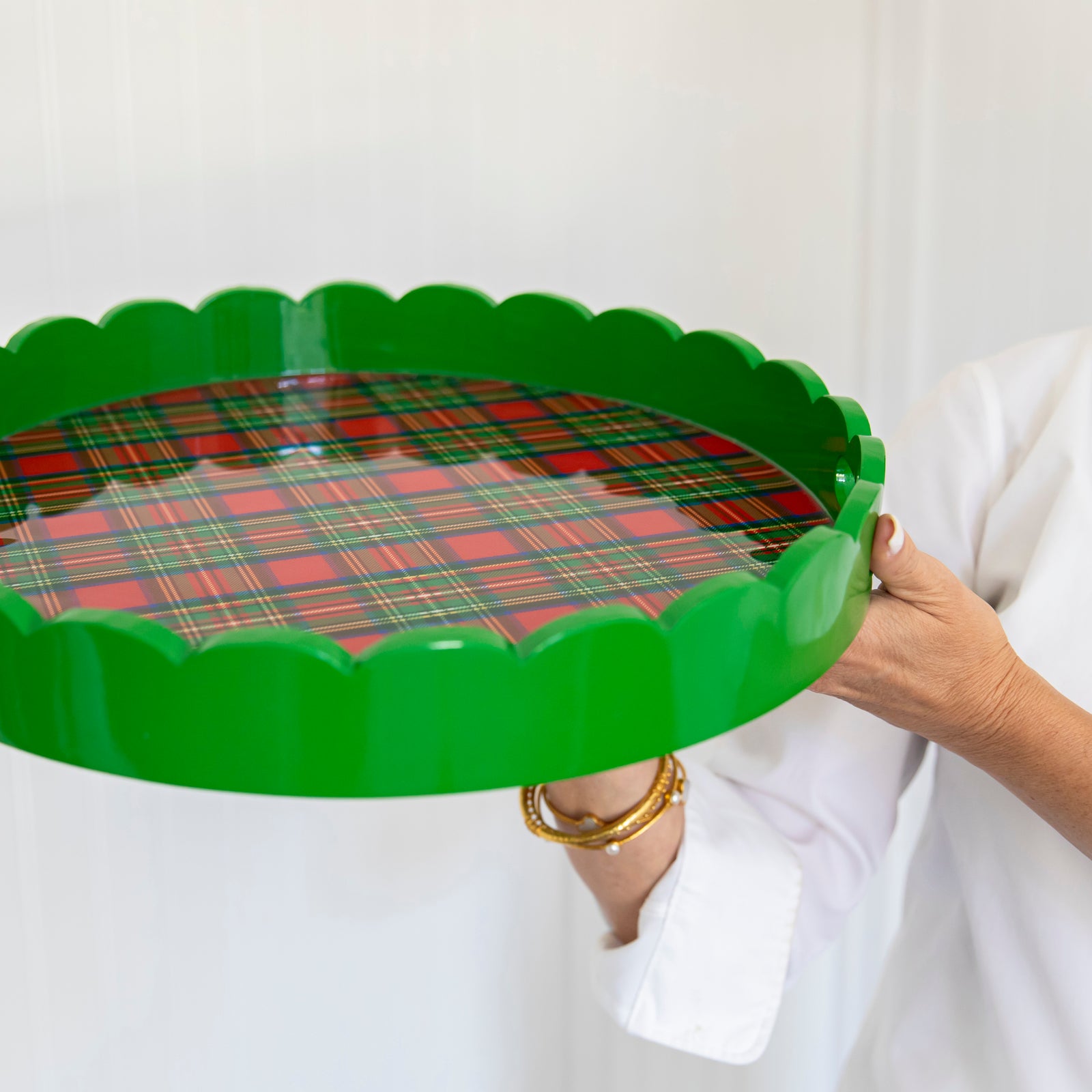 In Stock WH Lacquer Round Scalloped Tray | Green + Tartan Plaid