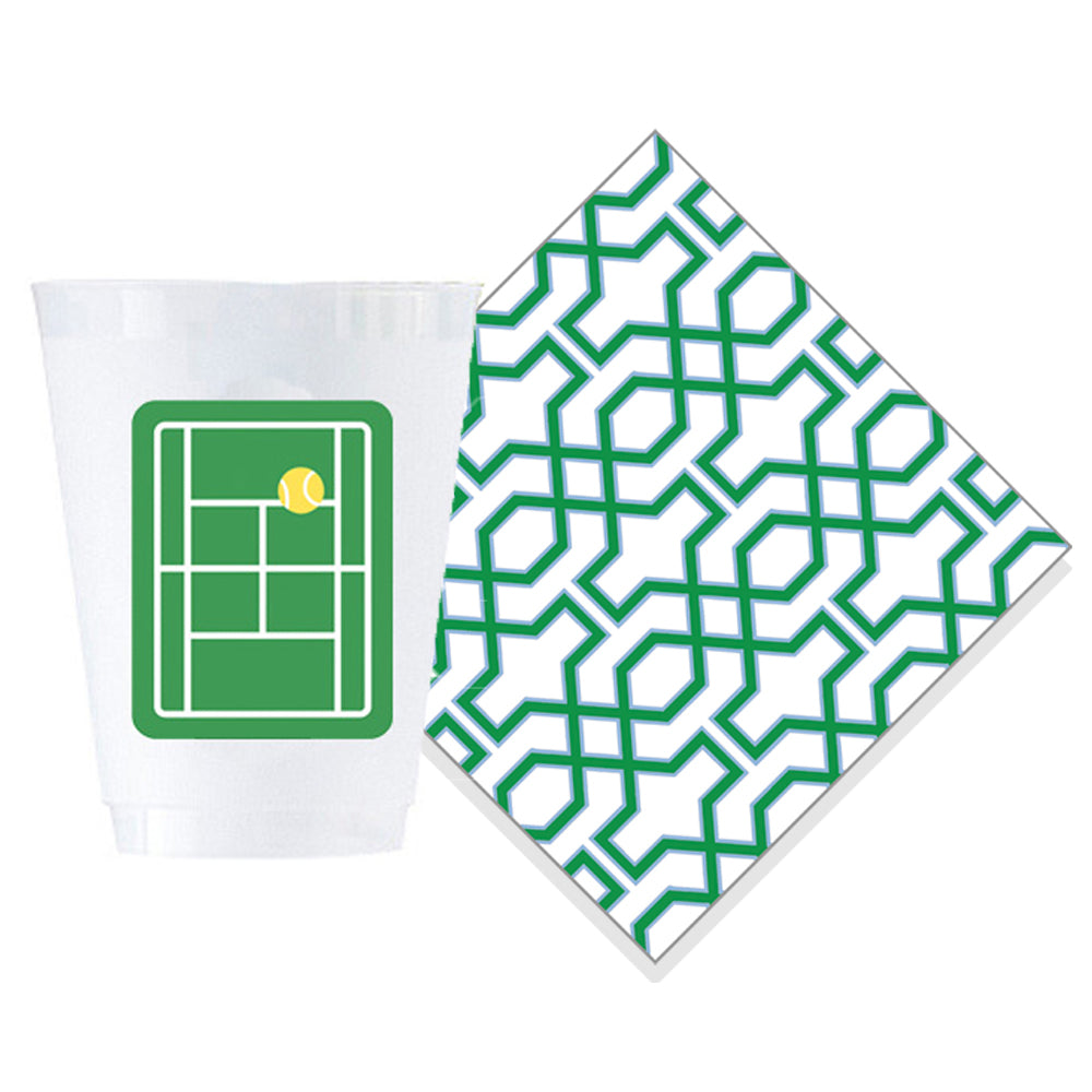 Bundle: Tennis Court Shatterproof Cups + Green Trellis Cocktail Napkins