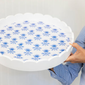 Tulip Block Print 16" Round Scalloped Lacquer Tray