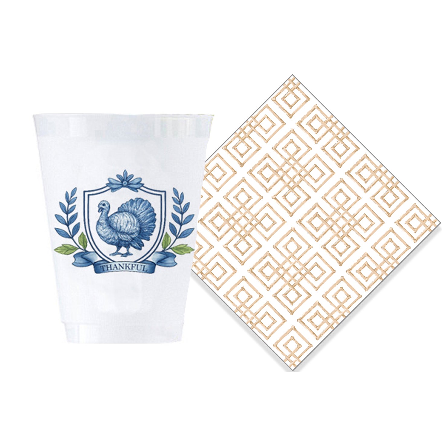 Bundle: Thankful Turkey Crest Shatterproof Cups +  Tan Bamboo Fret Cocktail Napkins