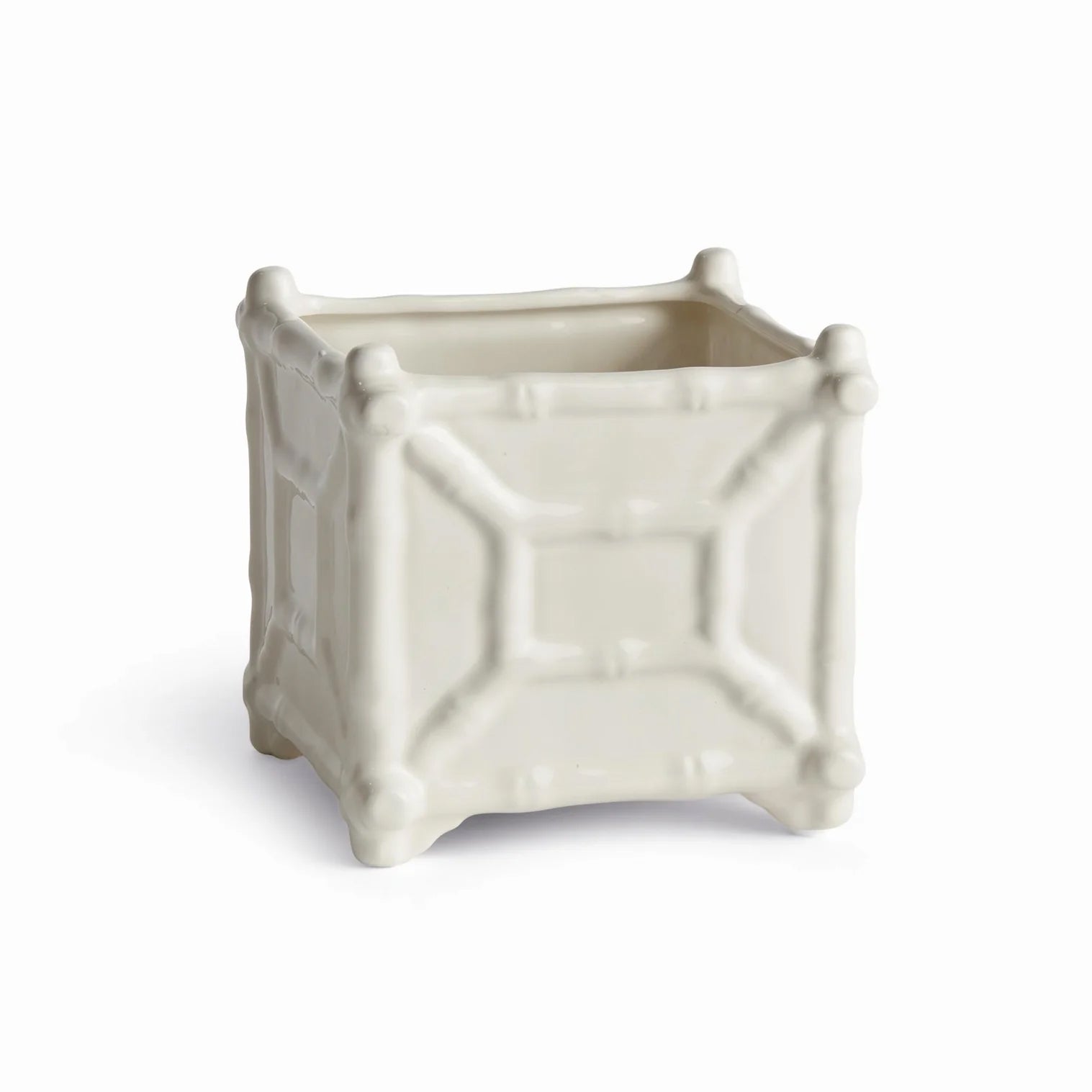 Small White Ceramic Chinoiserie Bamboo Cache Pot