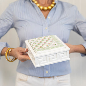 White Greek Key Lacquered Cocktail Napkin Holder