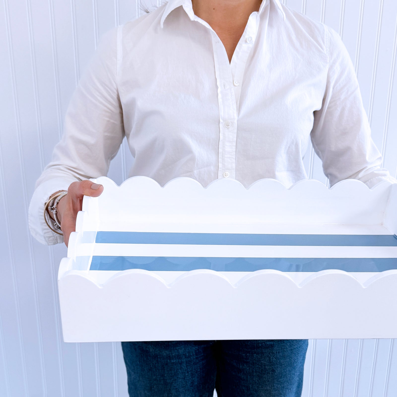 White Scalloped Lacquer Tray with Cornflower Stripes