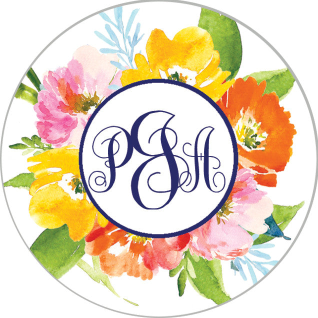 2 Round Floral Ikat Monogram Stickers  Set of 40 - WH Hostess Social  Stationery