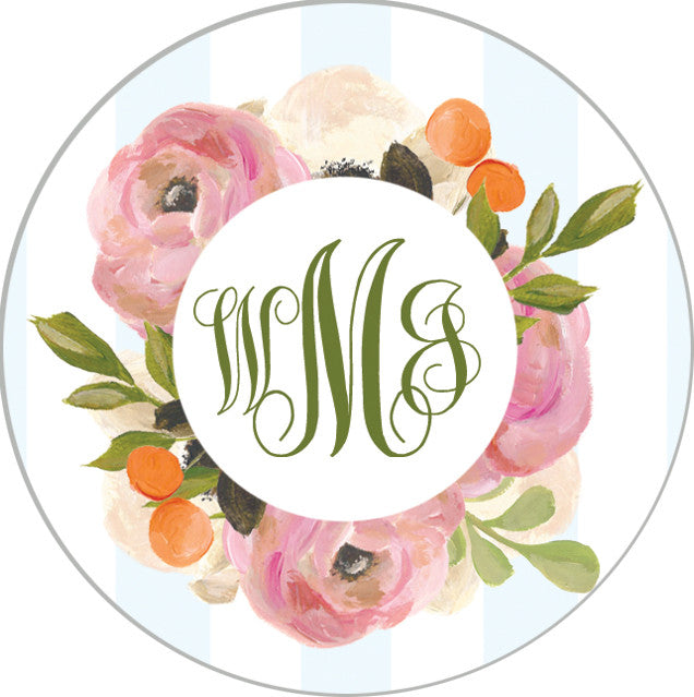 Pink Watercolor Flowers and Blue Stripe Monogram Sticker