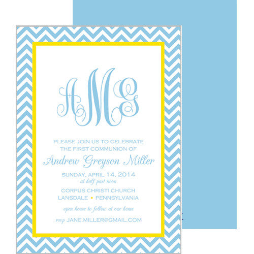 Blue & Yellow Chevron Monogram First Communion Invitation