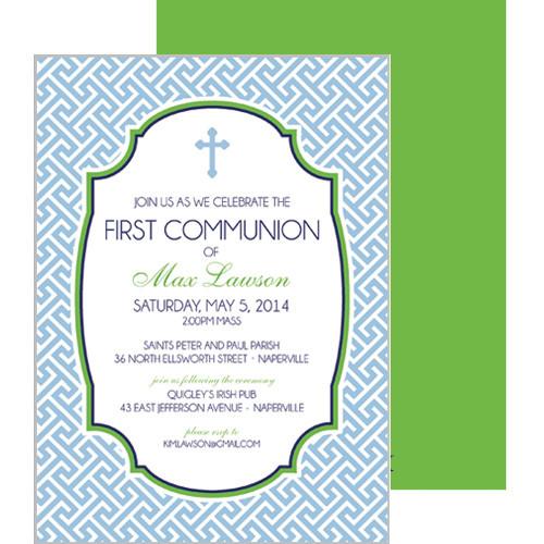 Preppy Blue Greek Key First Communion + Baptism Invitation Wholesale