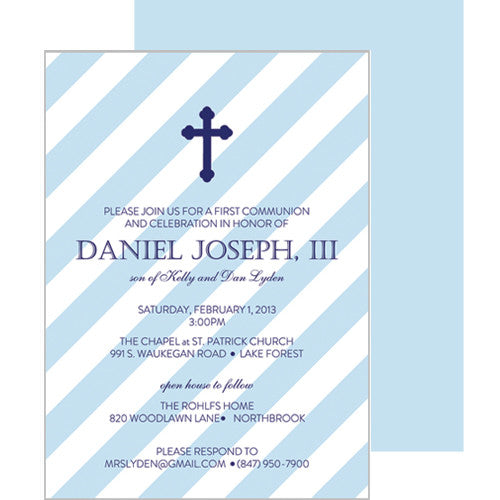 Blue Diagonal Stripe First Communion or Baptism Invitation
