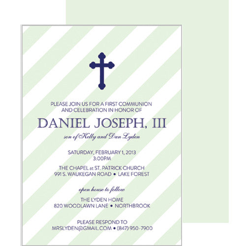 Green Diagonal Stripe First Communion + Baptism Invitation
