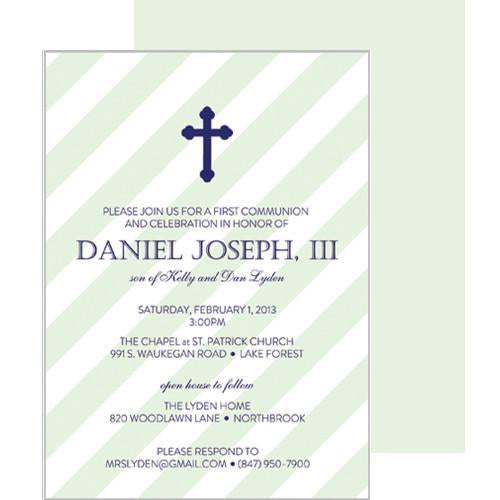 Green Diagonal Stripe First Communion + Baptism Invitation Wholesale