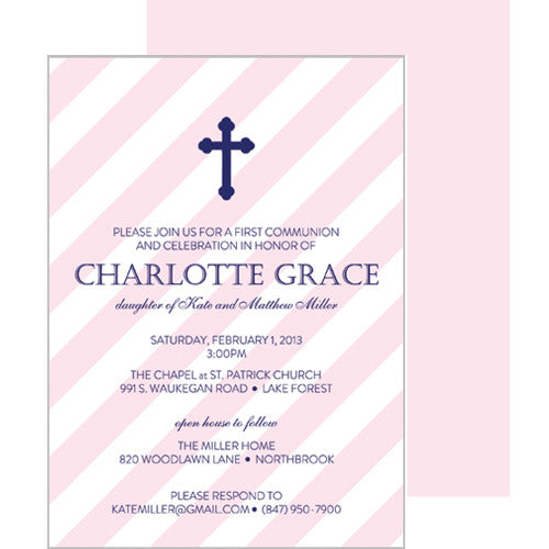 Pink Diagonal Stripe First Communion + Baptism Invitation