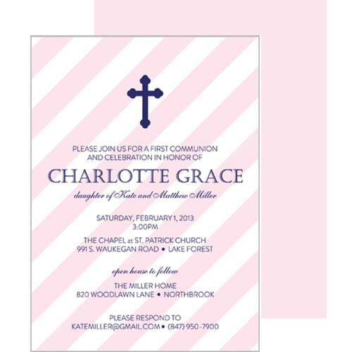 Pink Diagonal Stripe First Communion + Baptism Invitation Wholesale