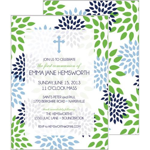 Blue Green Floral Mums First Communion + Baptism Invitation Wholesale