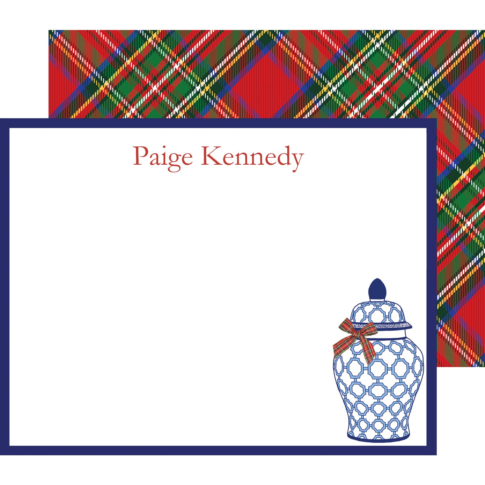Blue and White Geometric Ginger Jar with Tartan Plaid Bow Personalized Flat Notecard