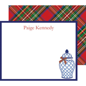 Blue and White Geometric Ginger Jar with Tartan Plaid Bow Stationery Gift Set