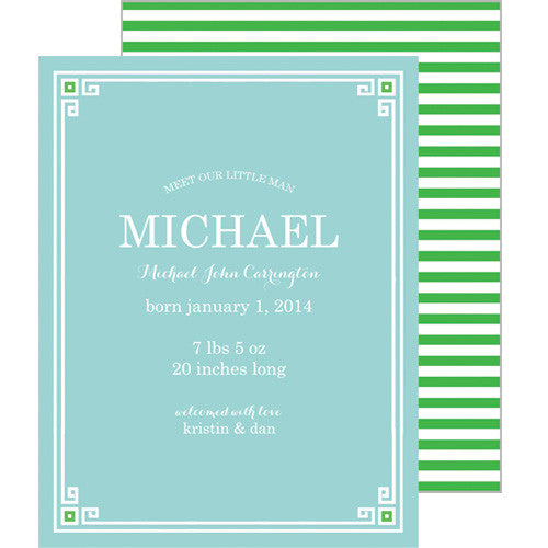 Aqua + Green Greek Key Border A2 Birth Announcement Card