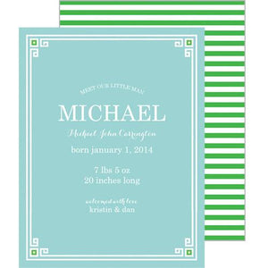 Aqua + Green Greek Key Border A2 Birth Announcement Card Wholesale