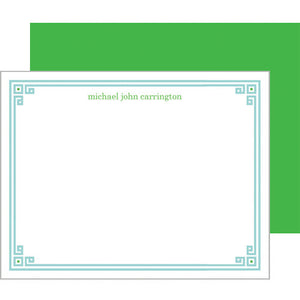 Aqua + Green Greek Key Border Personalized Flat Notecards
