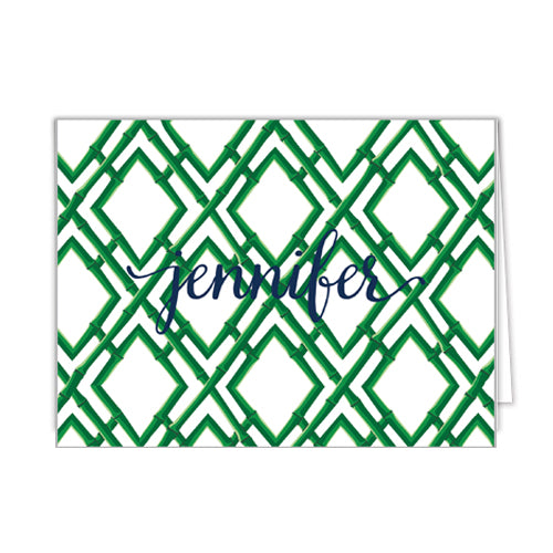 Bamboo Trellis Pattern Personalized Folded Notecards | Green