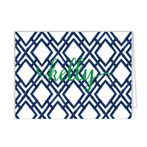 Bamboo Trellis Pattern Personalized Folded Notecards | Navy Blue