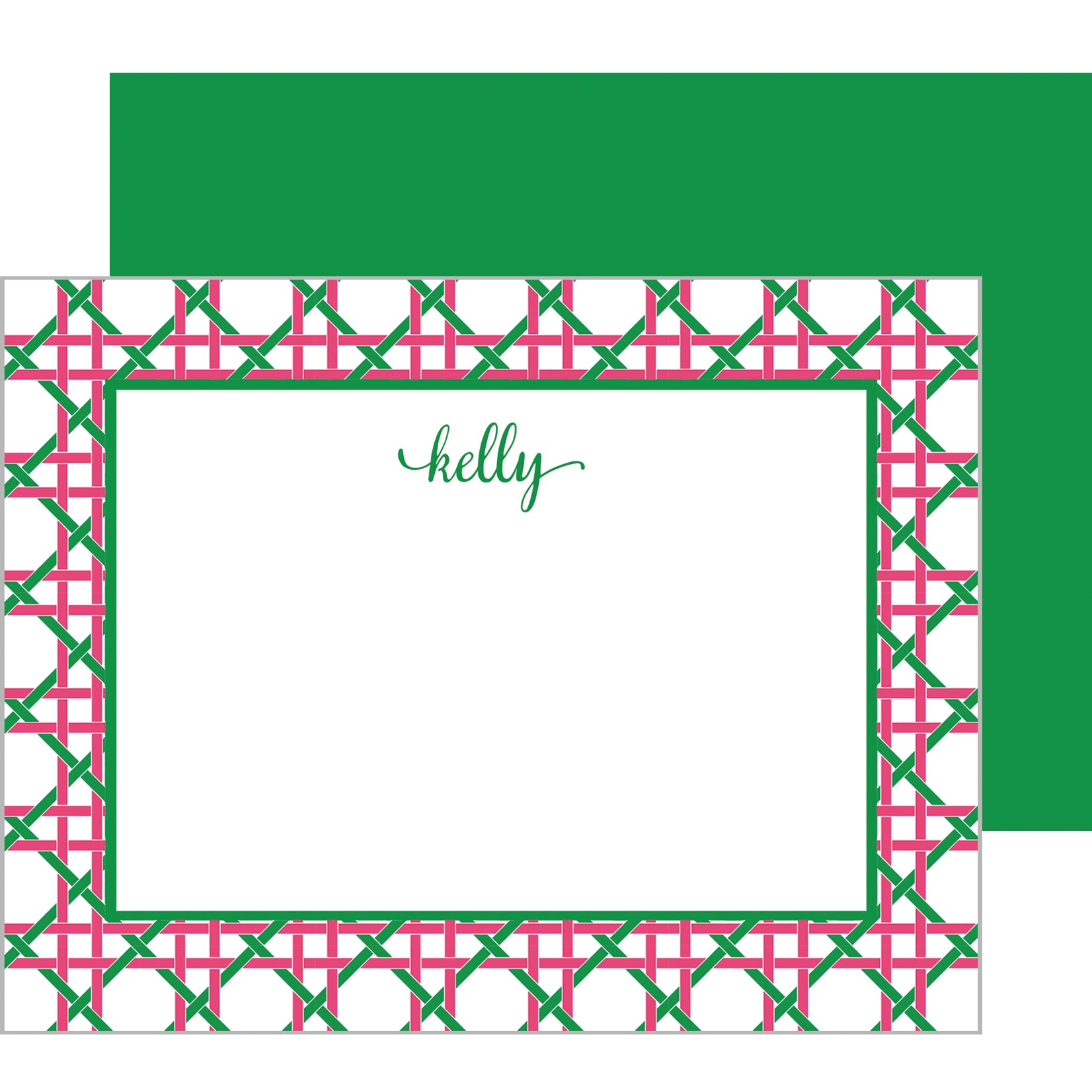 Preppy Basketweave Personalized Flat Notecards | Hot Pink and Green