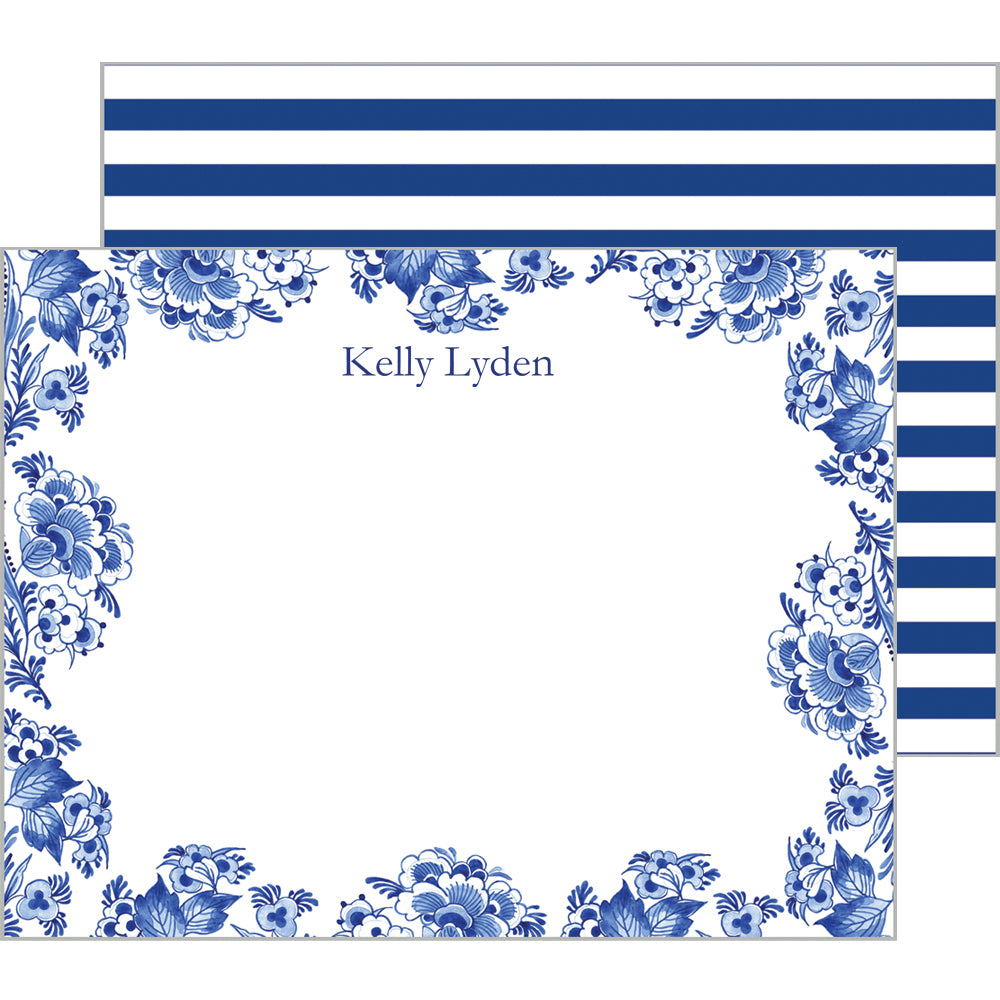 Blue and White Block Print Personalized Flat Notecards